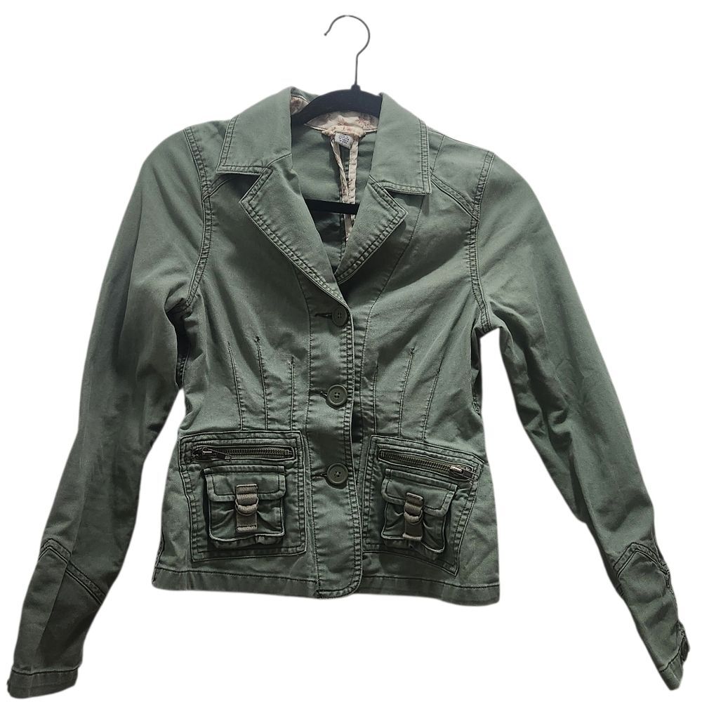 Womens XS Olive Green Utility Blazer Jacket Cotton Military Cargo Y2K Safari